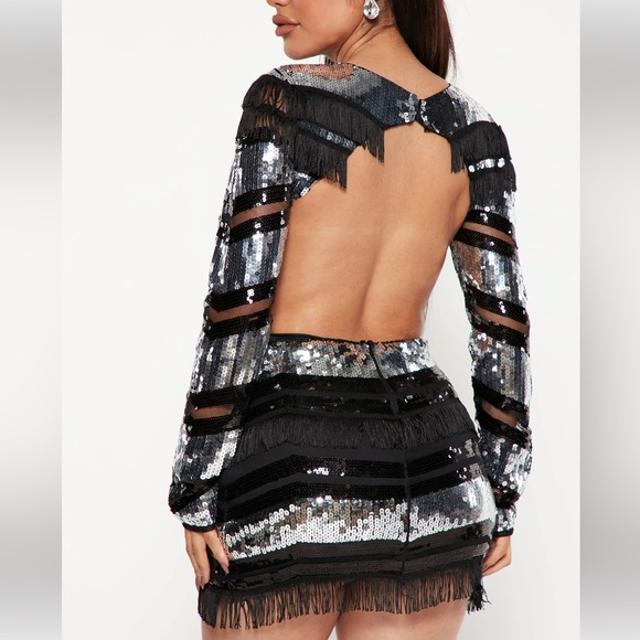 Sequin mesh fringe party dress size S small night out NYE black silver open back - Picture 2 of 2